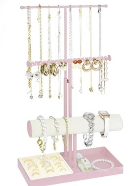 Pink Jewelry Organizer Stand with Multi-Level Necklace & Bracelet Storage